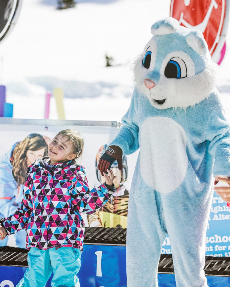 Dancing with the mascot Snowy, the snow hare